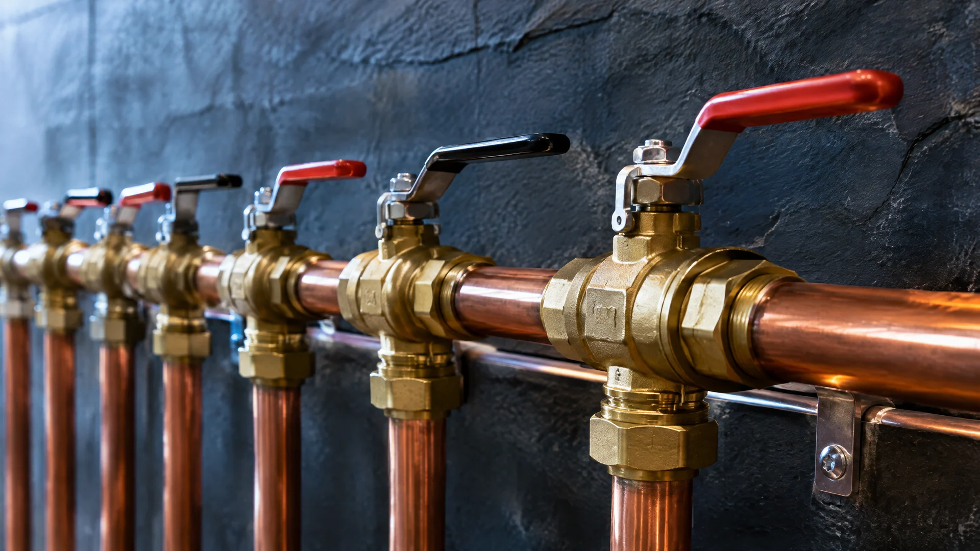 Row of gold-tone ball valves with red and black lever handles on a copper-colored manifold