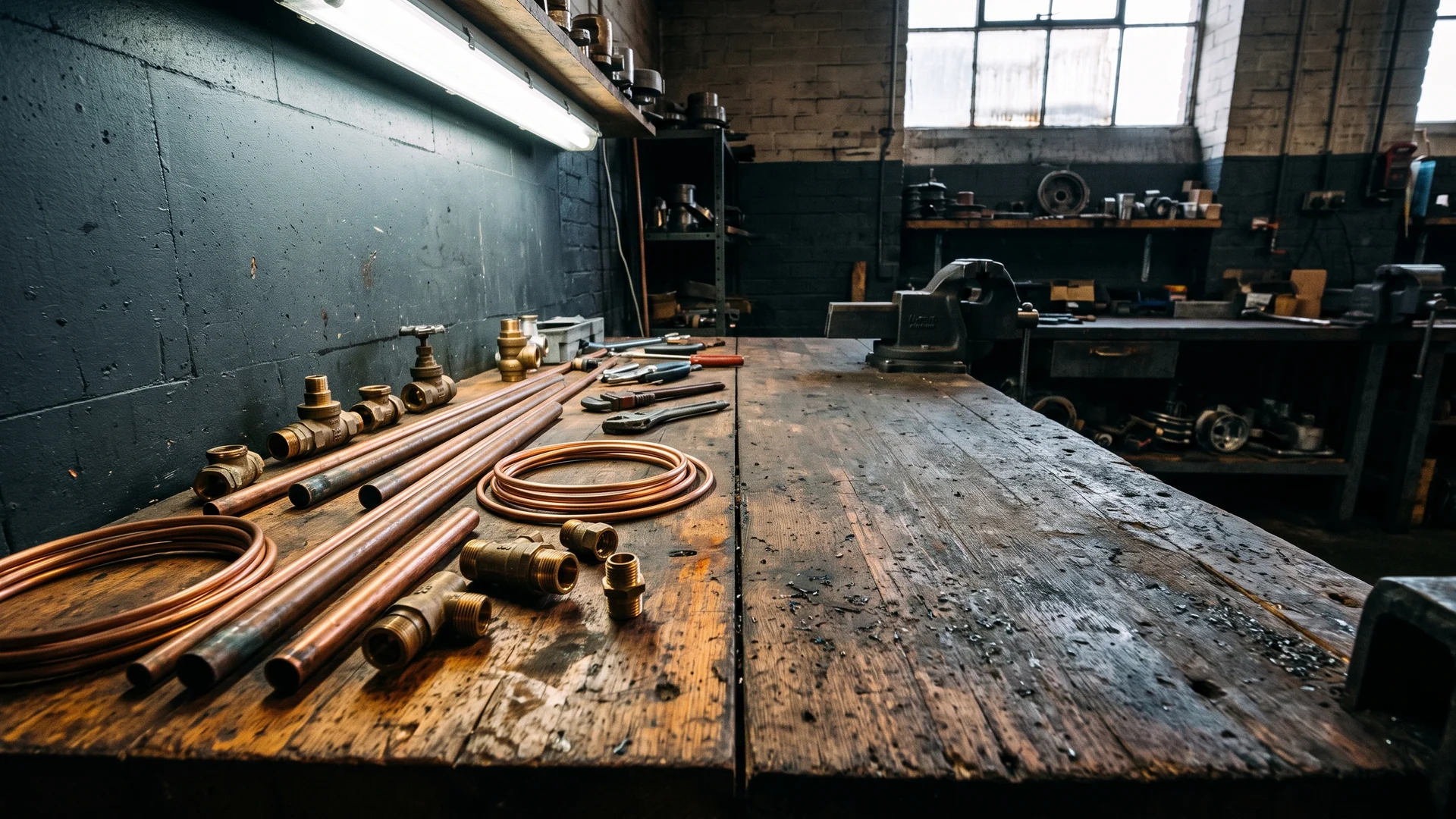 Plumber's workbench with copper-colored tube, gold-tone valves and fittings under a tube light