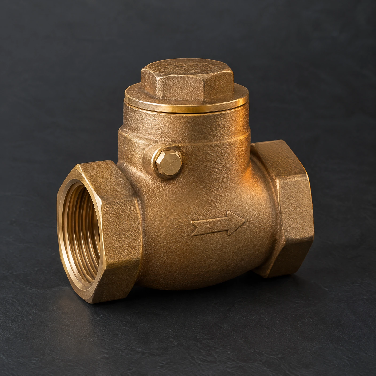 Bronze-toned swing check valve with a hex cap and a flow arrow on a dark slate surface