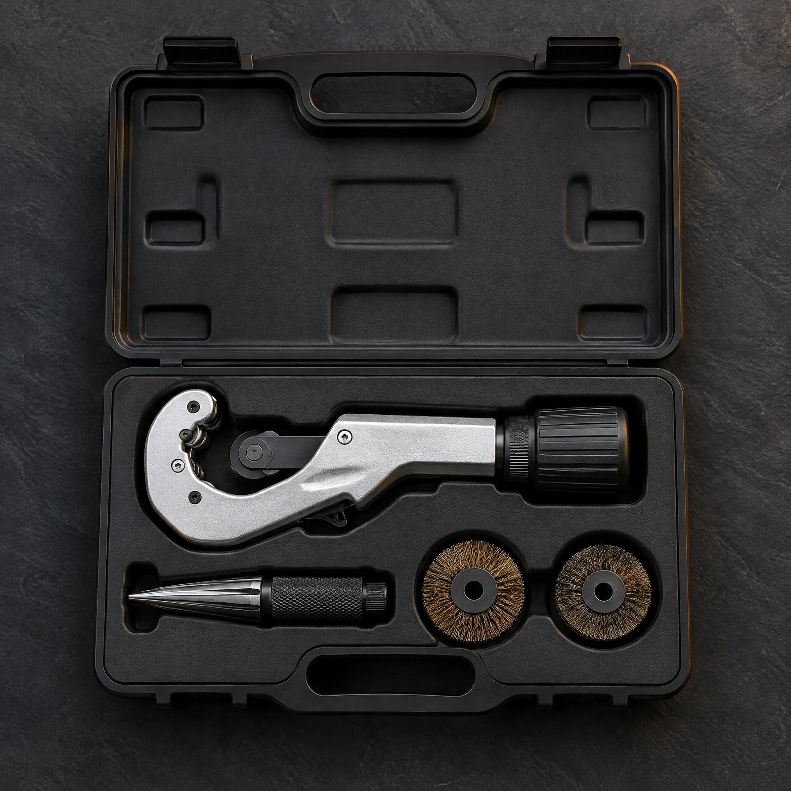 Open black molded case with a tubing cutter, cone reamer and two round wire cleaning brushes on a dark slate surface